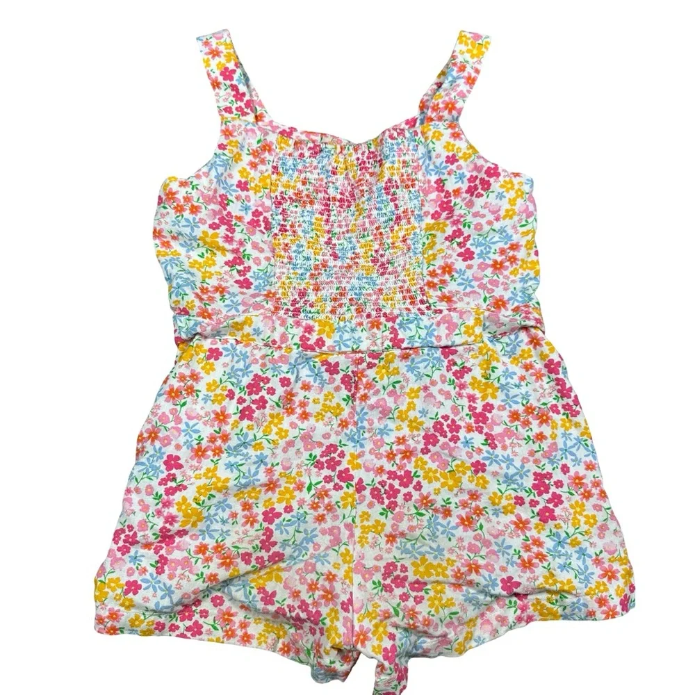 Old Navy Linen Sleeveless Colorful Floral Waist Tie Romper Size M (8)